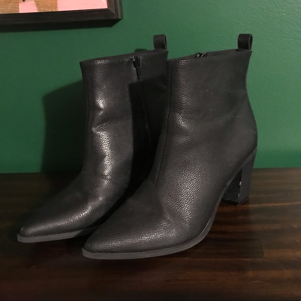 Black Faux Leather 2.5” Heeled Pointed Toe Booties